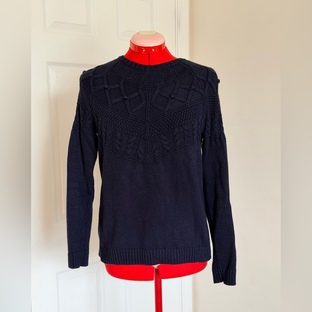 Talbots Petite Cable Knit Sweater Pullover Silk Cotton Blend Navy Blue PS